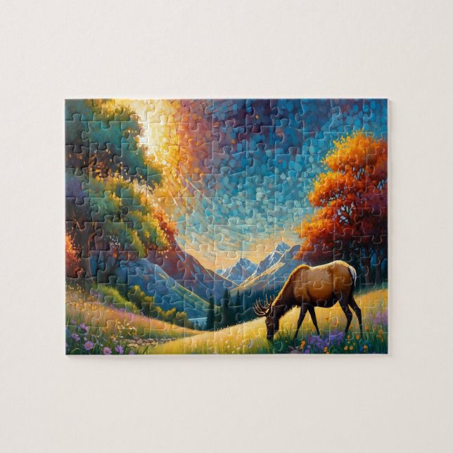 Colorful Meadow Elk with Flowers Art Jigsaw Puzzle (Horizontal)