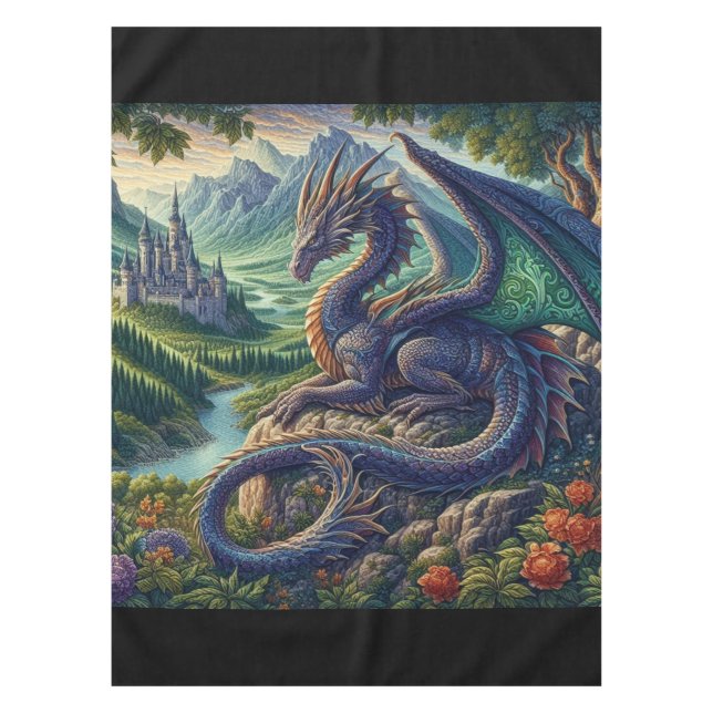 Colorful, Medieval Dragon castle Tablecloth (Front)