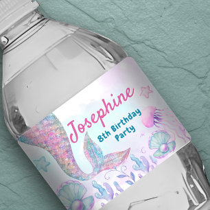 Colorful Mermaid watercolor birthday Water Bottle Label