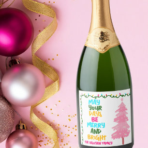 Colorful Merry Bright Pink Christmas Party Custom Sparkling Wine Label