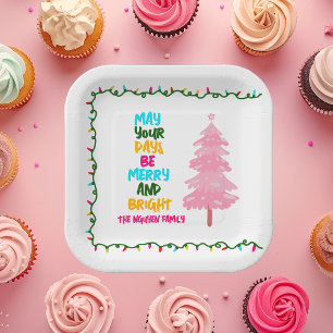 Colorful Merry Bright Pink Christmas Tree Party Paper Plate