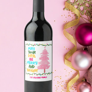 Colorful Merry Bright Pink Christmas Tree Party Wine Label