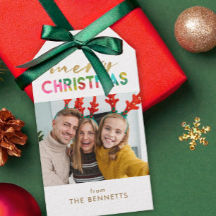 Colorful Merry Christmas Photo Trees Back Gift Tags