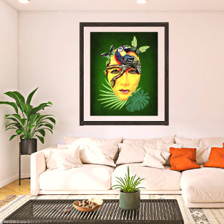 Colorful Mexican Boho Mask W/ Parrot On Green Poster