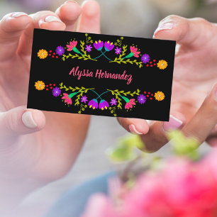 Colorful Mexican Fiesta Floral Black Business Card