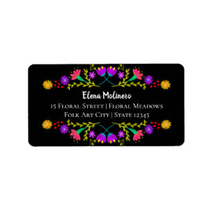Colorful Mexican Fiesta Folk Art Black Address Label