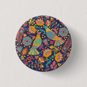 Colorful Mexican Folk Art Birds and Flowers Blue 1 Inch Round Button