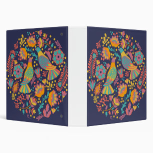 Colorful Mexican Folk Art Birds and Flowers Blue Binder