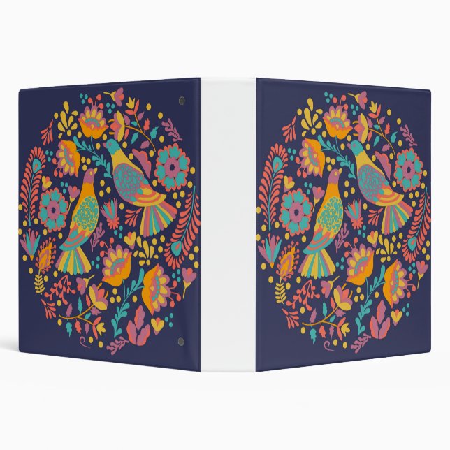 Colorful Mexican Folk Art Birds and Flowers Blue Binder (Background)