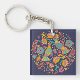 Colorful Mexican Folk Art Birds and Flowers Blue Keychain