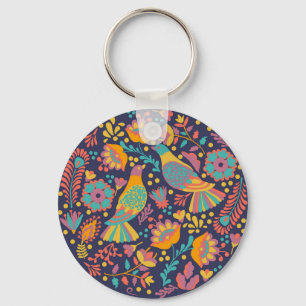 Colorful Mexican Folk Art Birds and Flowers Blue Keychain
