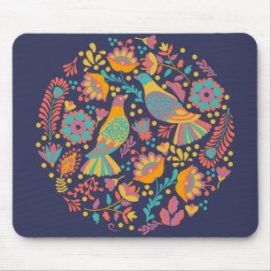 Colorful Mexican Folk Art Birds and Flowers Blue Mouse Pad
