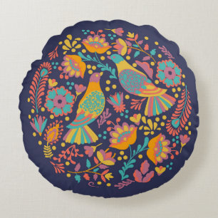 Colorful Mexican Folk Art Birds and Flowers Blue Round Pillow