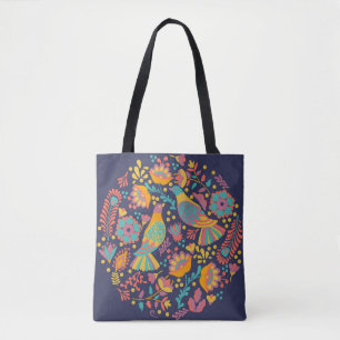 Colorful Mexican Folk Art Birds and Flowers Blue Tote Bag