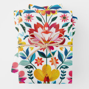 Colorful Mexican Folk Art Floral Wrapping Paper Sheet