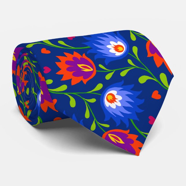 Colorful Mexican Style Floral Pattern Elegant Bold Tie (Rolled)