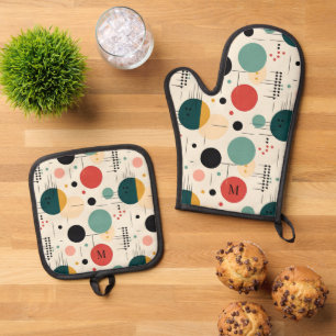 Colorful Mid Century Geometric Pattern Oven Mitt & Pot Holder Set