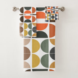 Colorful Mid-Century Retro Geometric Pattern Bath Towel Set