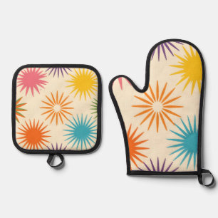 Colorful Mid Century Starburst Pattern Oven Mitt & Pot Holder Set