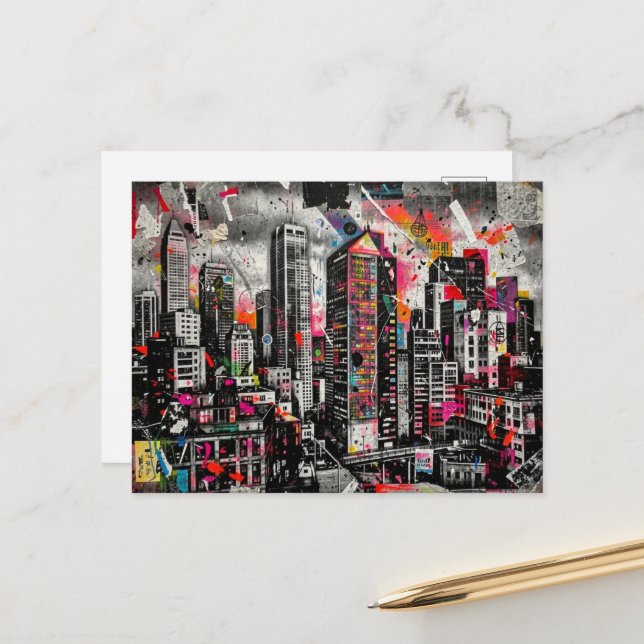 Colorful Mixed media Architecture Collage Postcard (Front/Back In Situ)