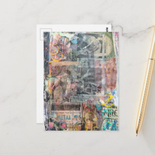 Colorful Mixed Media Retro Woodworking Collage Postcard