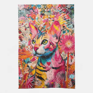 Colorful Mixed Mixed Paper Cat Collage  Kitchen Towel