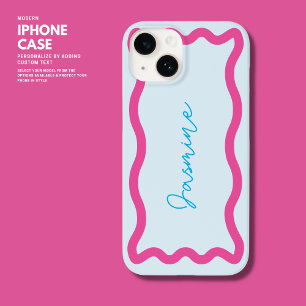 Colorful Modern Blue and Pink Monogram Wavy Edge Case-Mate iPhone 14 Case