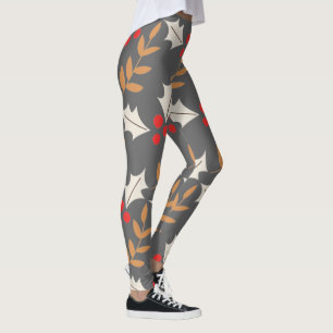 Colorful Modern Christmas Gray Holly Mistletoe Leggings