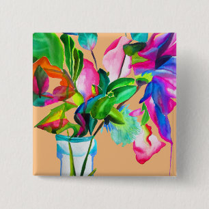 Colorful modern floral flowers watercolor 2 inch square button