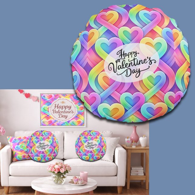 Colorful Modern Hearts Pattern Valentine’s Day Round Pillow (Creator Uploaded)