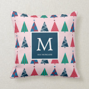 Colorful Modern Holiday Trees with Monogram Throw Pillow