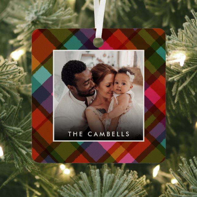 Colorful Modern Plaid Christmas Photo  Metal Ornament (Insitu)
