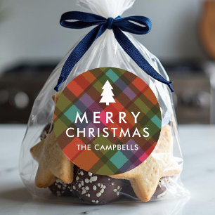 Colorful Modern Plaid Christmas Tree Name Classic Round Sticker