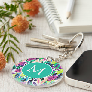 Colorful Modern Tropical Botanical Monogram Keychain