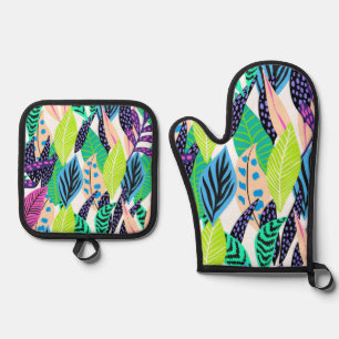Colorful Modern Tropical Botanical Pattern Oven Mitt & Pot Holder Set