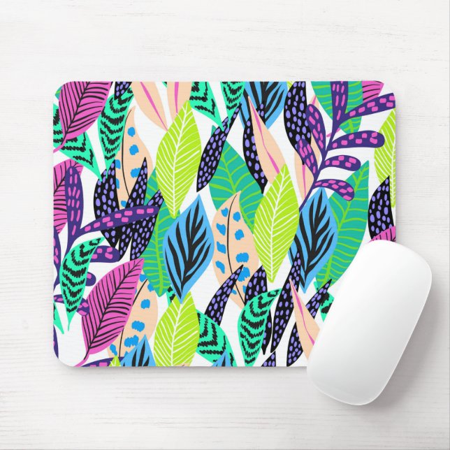 Colorful Modern Tropical Forest Leaves Pattern Mouse Pad (With Mouse)