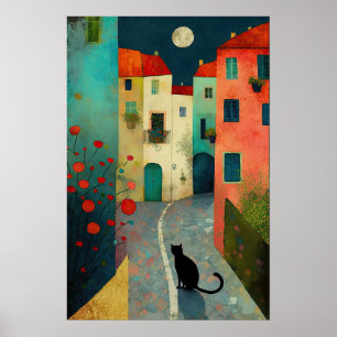 Colorful Moonlit Night: Charming Cat and Houses Poster