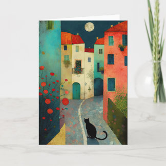 Colorful Moonlit Night: Charming Cat and Houses Thank You Card
