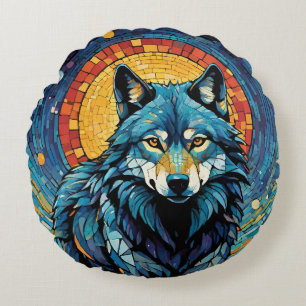 Colorful Mosaic Illustration of Majestic Wolf Round Pillow