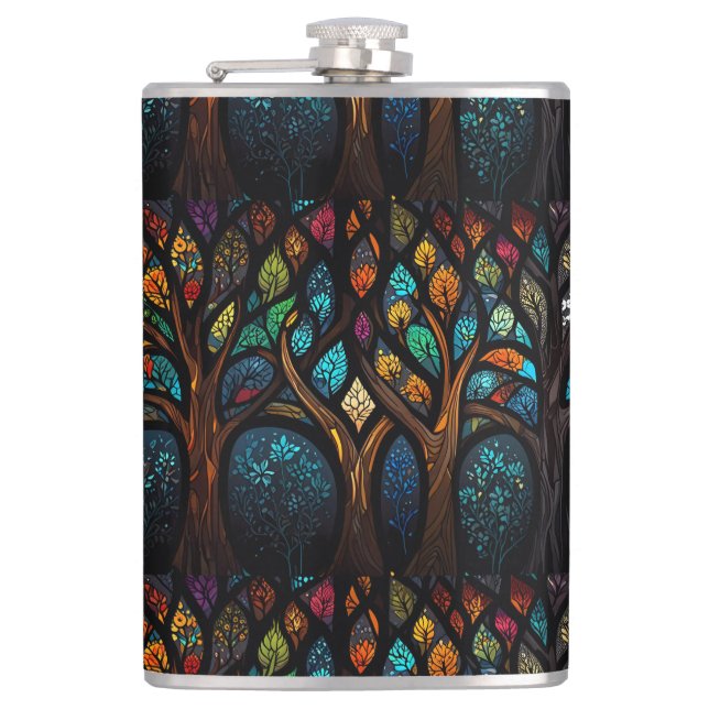 Colorful Mosaic Stained Glass Tree effect design Hip Flask (Front)