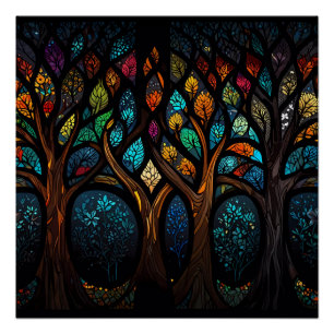 Colorful Mosaic Stained Glass Tree effect design Poster