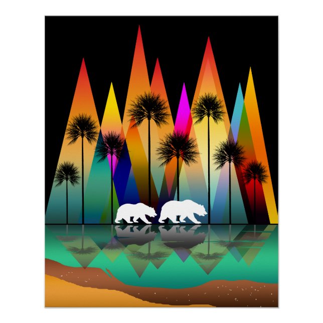 COLORFUL MOUNTAIN BEAR PALM TREES OCEAN POSTER (Front)