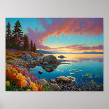 Colorful Mountain Lake Flowers Art