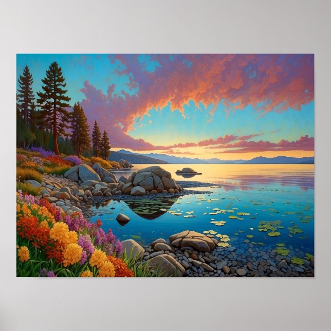 Colorful Mountain Lake Flowers Art Poster (Front)