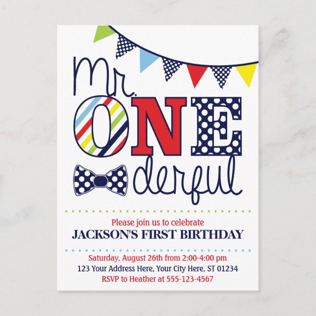 Colorful Mr. ONEderful Birthday Invitation (Devant)