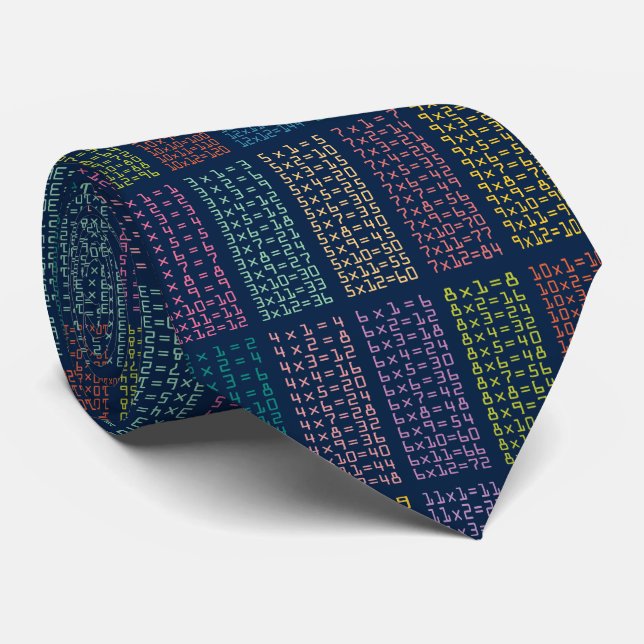 Colorful Multiplication Tables Pattern on Navy Tie (Rolled)