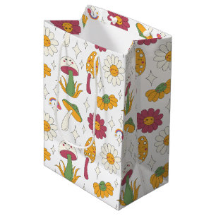 Colorful Mushroom, Rainbow and Daisies Pattern Medium Gift Bag