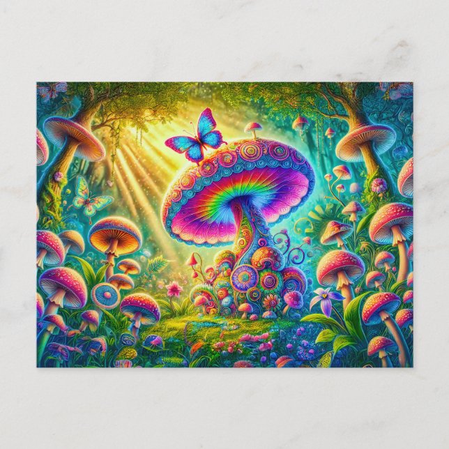 Colorful Mushroom World Psychedelic Fantasy Art Postcard (Front)