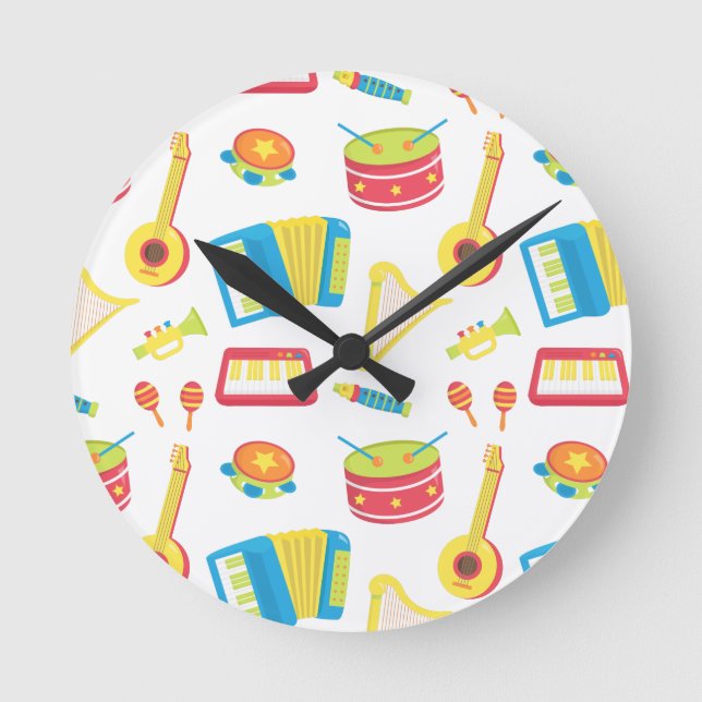 Colorful Music Instruments Kids Room Decor Round Clock (Front)