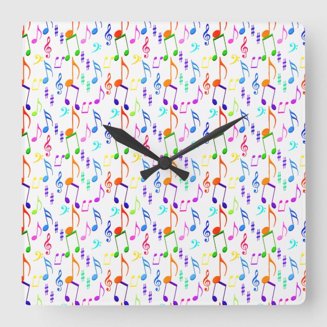 Colorful Music Symbols On White Square Wall Clock (Front)